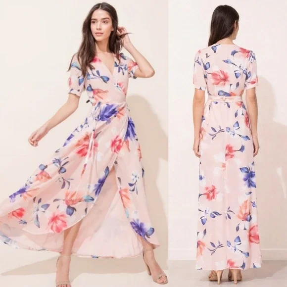 Yumi Kim Wrap Maxi Dress Women S Pink Floral Short Sleeve Wedding Guest Romantic - Picture 1 of 12